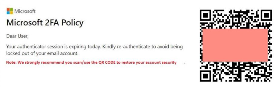An example of how a 2FA quishing QR code phishing email attack might look.