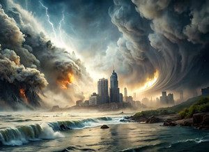 ai generated image of a natural disaster and tsunami about to hit a city
